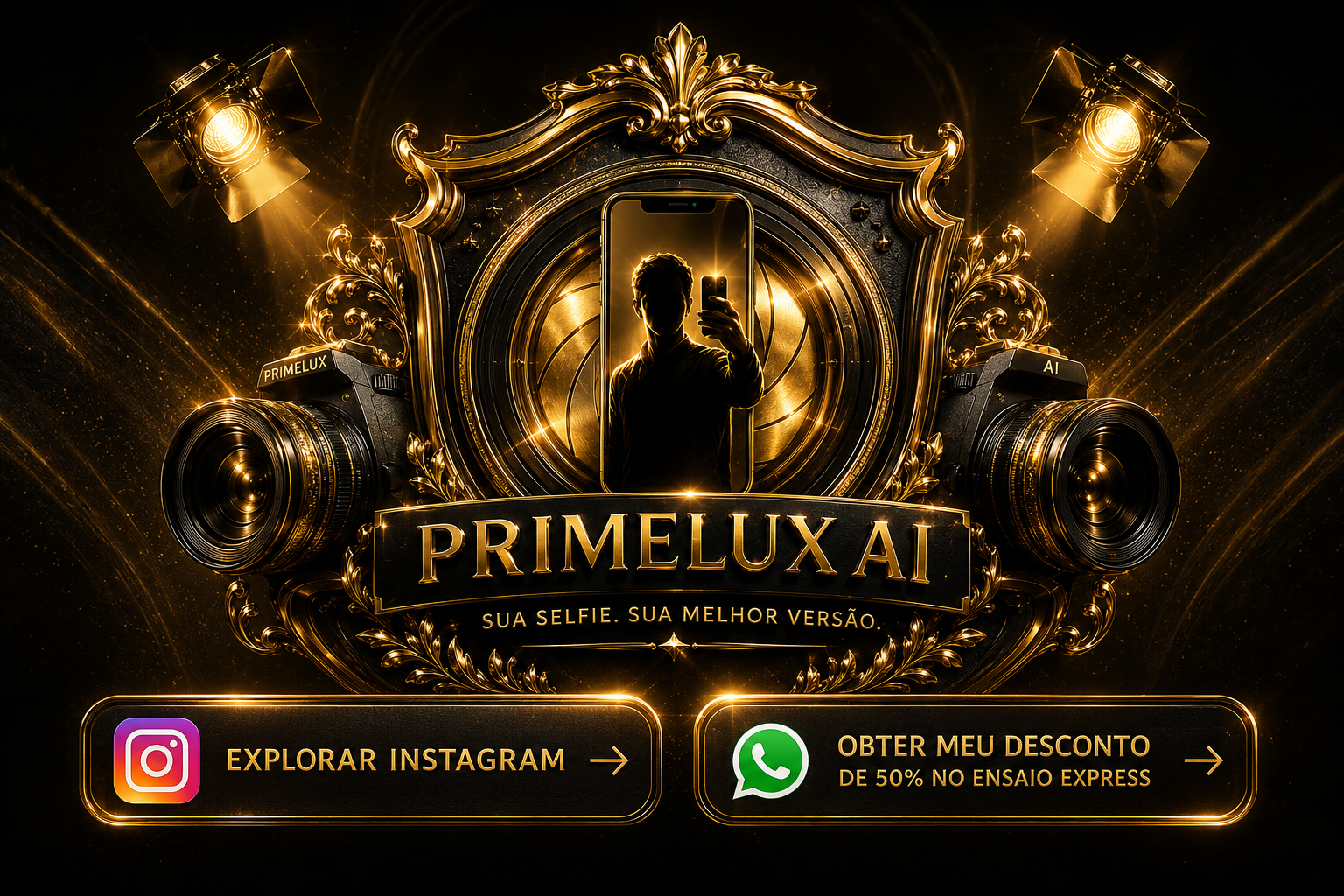 PrimeLux AI com botões para explorar o Instagram e obter desconto de 50% no Ensaio Express