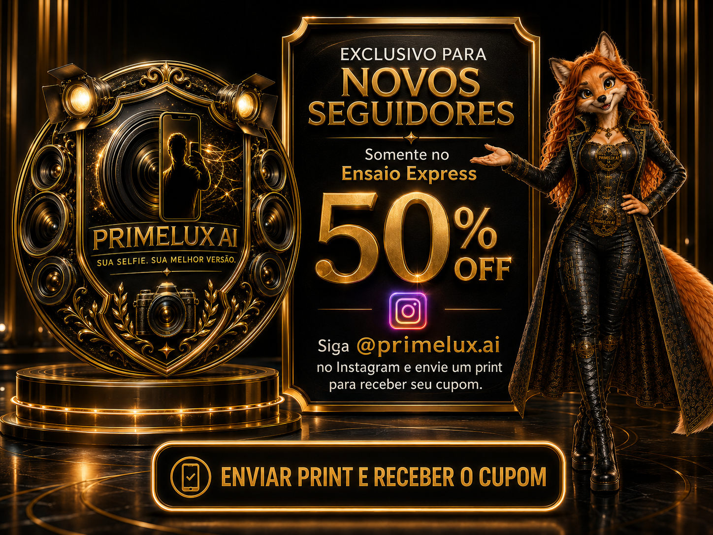 Promoção exclusiva PrimeLux AI: 50% de desconto no Ensaio Express para novos seguidores